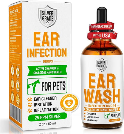 Dog Ear Infection Treatment + Colloidal Silver ● Ear Infection Treatment for Dogs & Cats ● Drops for Irritations, Itch, Odors, & Cat and Dog Ear Infection ● Silver Ear Wash for Different Pets ● 2 Oz SilverGrade