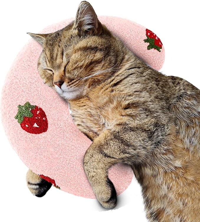ucho Pillow for Cats, Ultra Soft Fluffy Pet Calming Toy Half Donut Cuddler, U-Shaped Pillow for Pet Cervical Protection Sleeping Improve- Pink ucho
