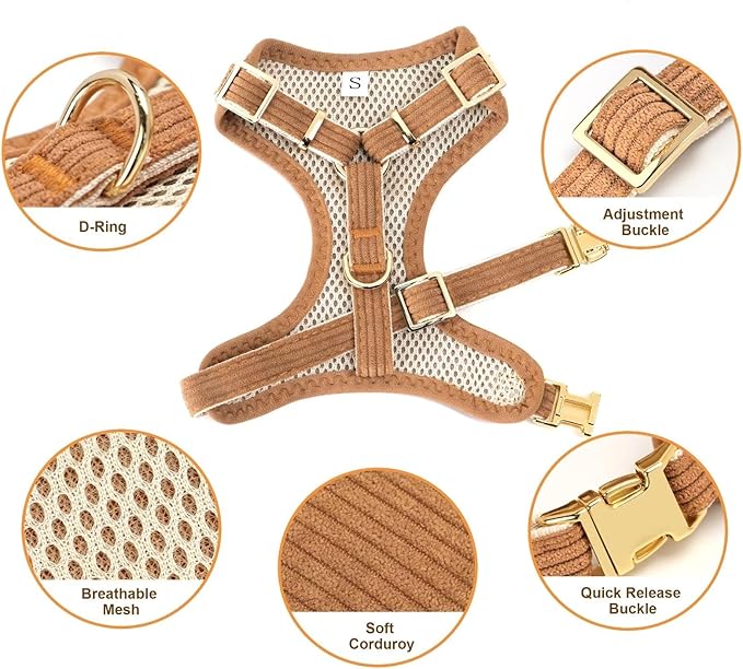 Didog Cute Small Dog Harness Collar & Leash Set, Adjustable Dog Collars and Leashes with Bowtie, Breathable Soft Mesh Padded Dog Vest for Puppies Small Dogs Walking, Brown, M Didog