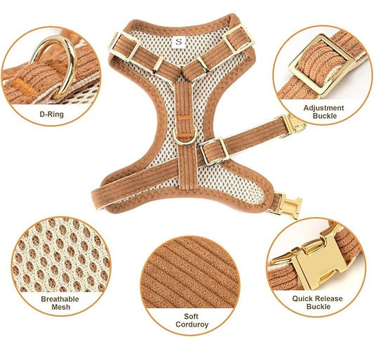 Didog Cute Small Dog Harness Collar & Leash Set, Adjustable Dog Collars and Leashes with Bowtie, Breathable Soft Mesh Padded Dog Vest for Puppies Small Dogs Walking, Brown, M Didog