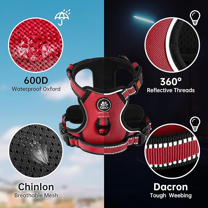 NESTROAD No Pull Dog Harness,Adjustable Oxford Dog Vest Harness with Leash,Reflective No-Choke Pet Harness with Easy Control Soft Handle for Large Dogs(Large,Red) NESTROAD
