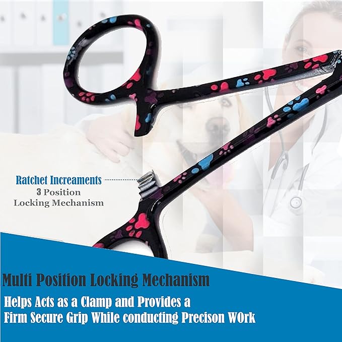 Dog Pet Ear/Nose Hair Puller Grooming Hemostat Locking Forceps Pliers, 5.5" (14cm), Straight (Black Multi Paws) A2Z+SCILAB