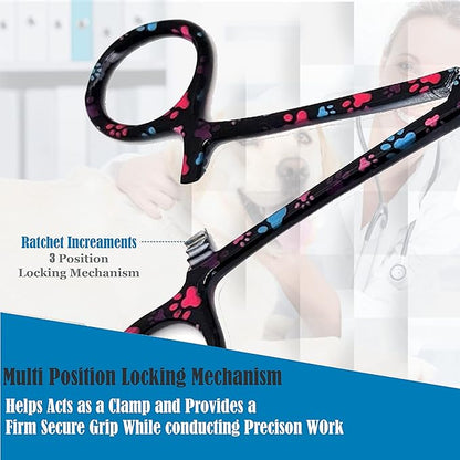 Dog Pet Ear/Nose Hair Puller Grooming Hemostat Locking Forceps Pliers, 5.5" (14cm), Straight (Black Multi Paws) A2Z+SCILAB