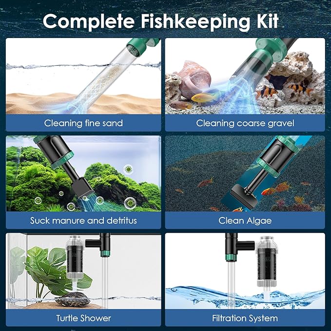 AKKEE Aquarium Vacuum Gravel Cleaner, 8 in 1 Multifunctional 36W Fish Tank Gravel Cleaner Vacuum for Water Changer Wash Sand Water Filter Circulation Aquarium Vacuum Cleaner Timed Off Waterproof AKKEE
