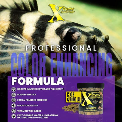 Xtreme Scrapers Wafers - Premium 14mm Fast-Sinking Fish Food – Nutrient & Cellulose Rich Ideal for Nocturnal Feeders, Catfish, Plecostomus Species, and Loaches – USA Farm Grown (5oz) XtremeAquaticFoods