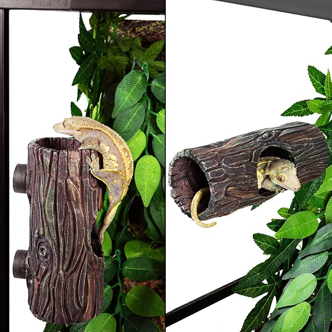 REPTIZOO Magnetic Reptile Hide Cave Resin Hollow Tree Trunk Hideout, Gecko Hide with Strong Magnetic Reptile Climbing Toy Reptile Tank Accessories for Crested Gecko,Lizard, Terrarium Decor REPTIZOO