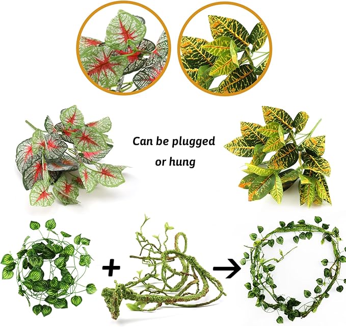 Reptile Plants, Terrarium Hanging Plant Vines Artificial Leaves Reptile Hide, Leopard Gecko Tank Accessories, Terrarium Decorations for Bearded Dragon Lizard Snake Geckos Chameleon PAWPICO