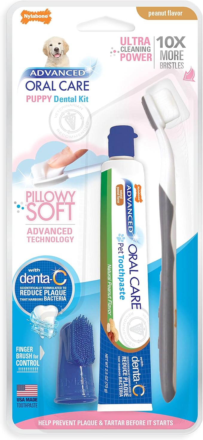 Nylabone Advanced Oral Care Puppy Dental Kit with Pillowy Soft-Bristle Toothbrush Peanut Butter (3 Count) Nylabone