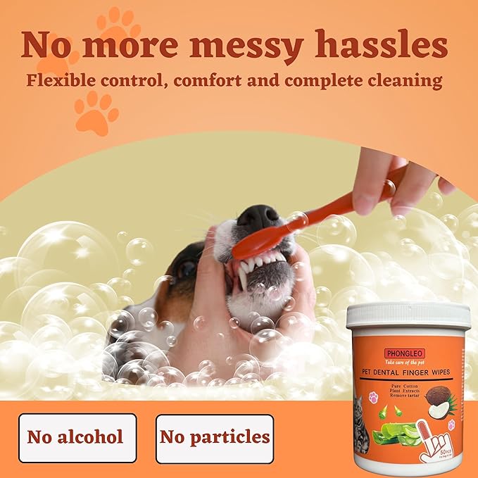 Dog Teeth Cleaning Wipes, Dog Dental Wipes, 50 PCS, Safe, Gentle with The Fragrance of Coconut Oil - Easy Oral, Eye, Ear Hygiene - Increases Loving Bonds, Brings Health & Joy to Pets. PHONGLEO