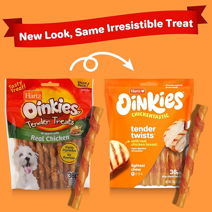 Hartz Oinkies Tender Twists with Real Chicken Breast Rawhide-Free Dog Treats, Highly Digestible Dog Chews, 36 Count - PAWPICO