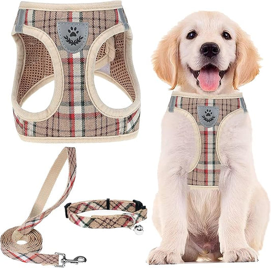 PUPTECK Adjustable Dog Harness Collar and Leash Set Step in No Pull Pet Harness for Small Medium Dogs Puppy and Cats Outdoor Walking Running, Soft Mesh Padded Reflective Vest Harnesses, Khaki M PUPTECK