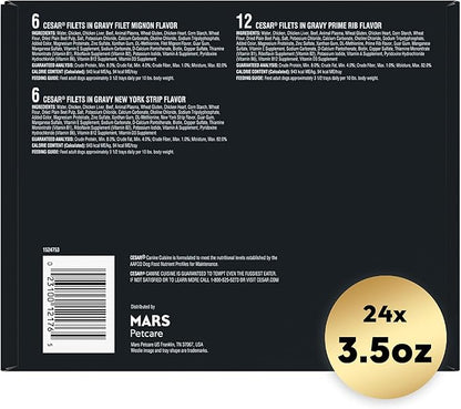 CESAR Adult Soft Wet Dog Food Filets in Gravy Variety Pack, Filet Mignon, New York Strip and Prime Rib Flavors, (24) 3.5 oz. Trays - PAWPICO