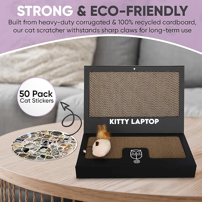 Toy Cat Laptop with 2 Scratchboards + Catnip Mouse Toy for Cats + 50pack Cat Sticker - Interactive Eco-Friendly Cat Computer with Scratch Pad Laptop for Cats - Mini Cat Laptop - PAWPICO