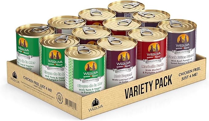 Weruva Classic Dog Food, Variety Pack, Chicken Free, Just 4 Me, Wet Dog Food, 14oz Cans (Pack of 12) - PAWPICO