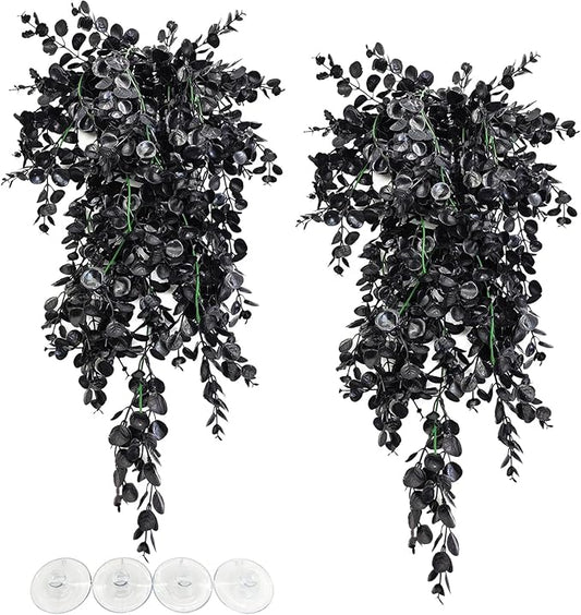 Hamiledyi Reptile Plants, 2 Pack Hanging Terrarium Plants, Artificial Leaves Habitat Decorations with Suction Cup, Fake Amphibian Plants for Bearded Dragon Lizard Hermit Crab Geckos Chameleon(Black) Hamiledyi