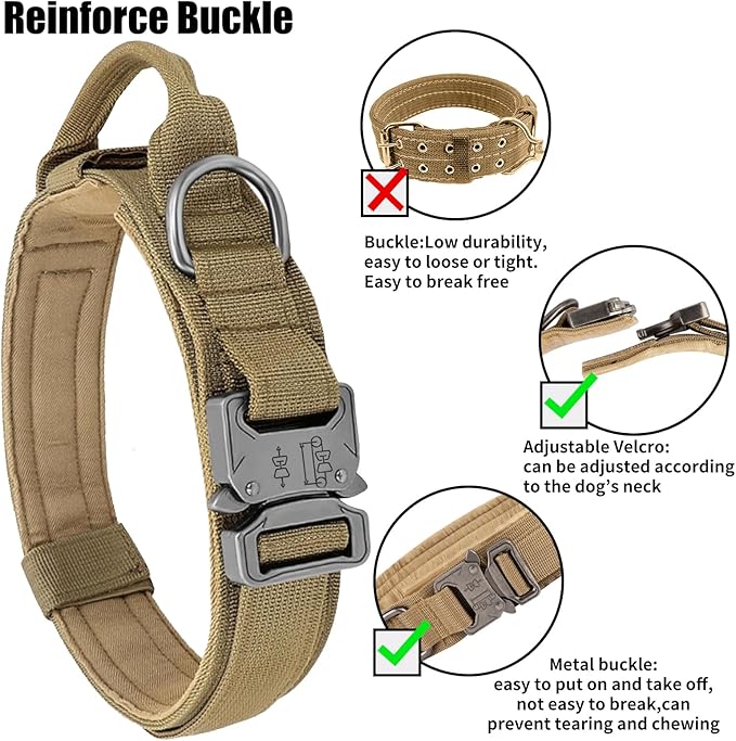 Tactical Dog Collar - Military Dog Collar, Adjustable Heavy Duty Metal Buckle Nylon Dog Collar with Control Handle for Small Medium Large Dogs, (Brown, L) - PAWPICO