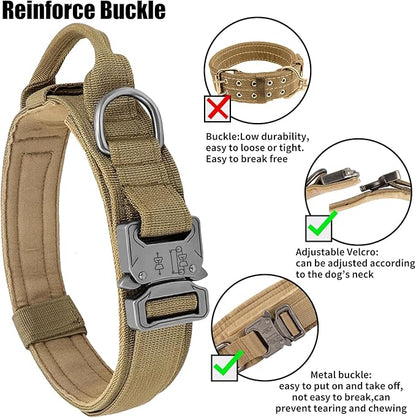 Tactical Dog Collar - Military Dog Collar, Adjustable Heavy Duty Metal Buckle Nylon Dog Collar with Control Handle for Small Medium Large Dogs (Brown, M) - PAWPICO