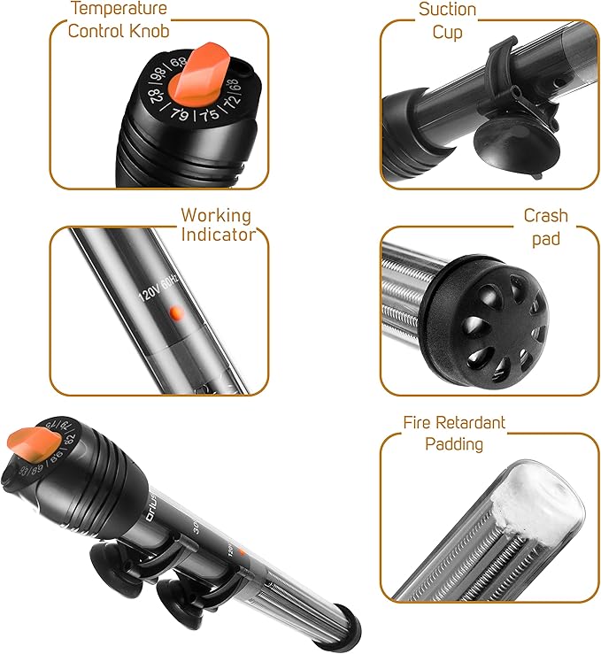 Orlushy Submersible Aquarium Heater,200W Adjustable Fish Tahk Heater with 2 Suction Cups Free Thermometer Suitable for Marine Saltwater and Freshwater Orlushy
