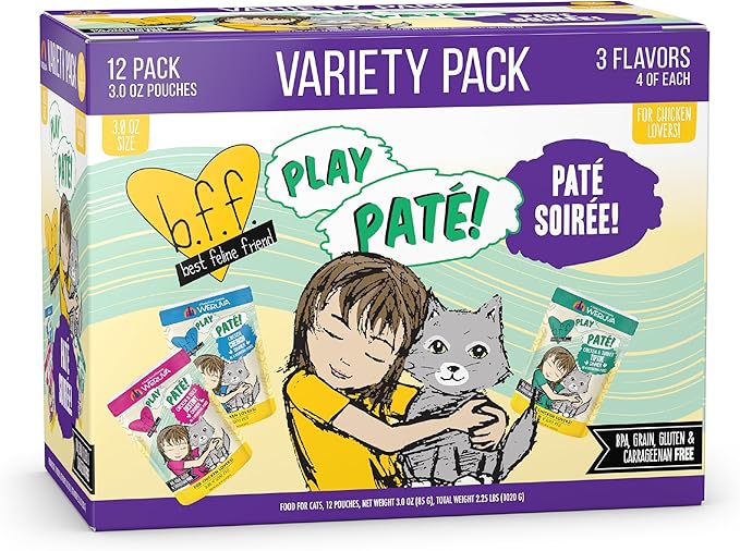 Weruva B.F.F. Play - Best Feline Friend Paté Lovers, Aw Yeah!, Paté Soiree! Variety Pack, 3oz Pouch (Pack of 12) - PAWPICO