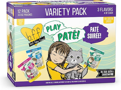 Weruva B.F.F. Play - Best Feline Friend Paté Lovers, Aw Yeah!, Paté Soiree! Variety Pack, 3oz Pouch (Pack of 12) - PAWPICO