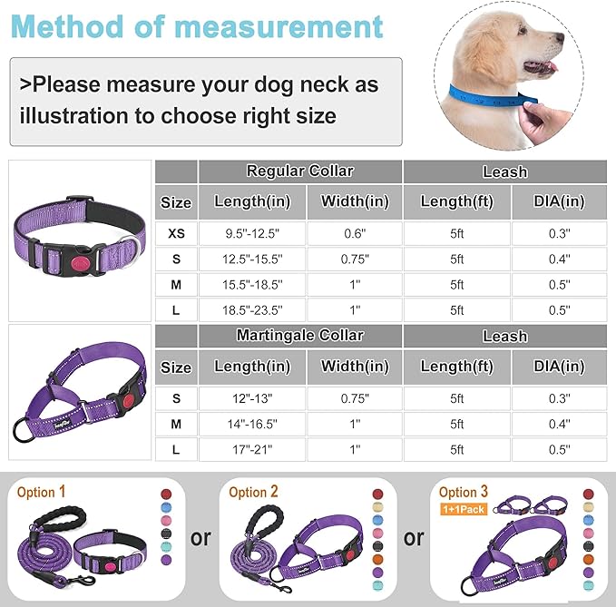 haapaw 2 Packs Martingale Dog Collar with Quick Release Buckle Reflective Dog Training Collars for Small Medium Large Dogs (Small, Purple/Purple) haapaw