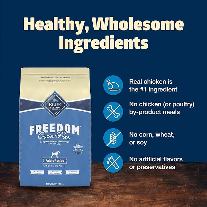 Blue Buffalo Freedom Grain-Free Dry Dog Food, Complete & Balanced Nutrition for Adult Dogs, Made in the USA With Natural Ingredients, Chicken & Potatoes, 24-lb. Bag - PAWPICO