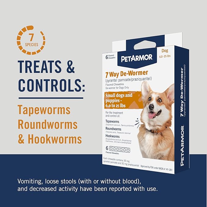 PetArmor 7 Way De-Wormer for Dogs, Oral Treatment for Tapeworm, Roundworm & Hookworm in Small Dogs & Puppies (6-25 lbs), Worm Remover (Praziquantel & Pyrantel Pamoate), 6 Flavored Chewables PetArmor