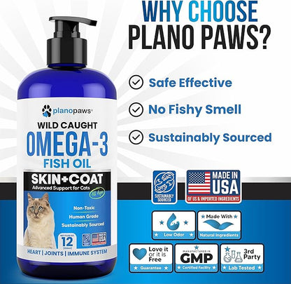 Omega 3 Fish Oil for Cats - Better Than Salmon Oil for Cats - Kitten + Cat Vitamins and Supplements - Cat Health Supplies - Cat Dandruff Treatment - Liquid Fish Oil for Pets - Cat Shedding Products planopaws