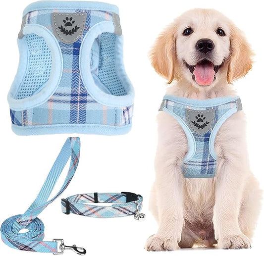PUPTECK Adjustable Dog Harness Collar and Leash Set Step in No Pull Pet Harness for Small Medium Dogs Puppy and Cats Outdoor Walking Running, Soft Mesh Padded Reflective Vest Harnesses, Blue M PUPTECK
