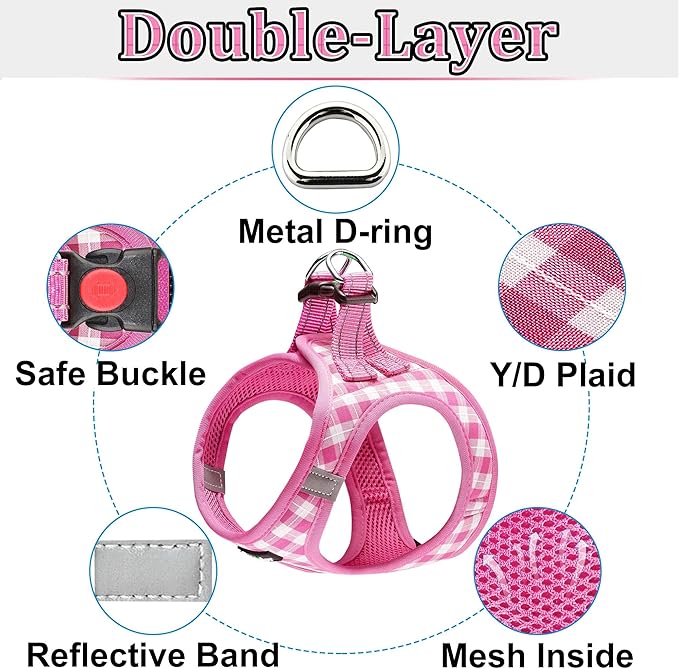 Dog Harness Step-in Breathable Puppy Cat Dog Vest Harnesses for Small Medium Dogs Pink Checkered - PAWPICO