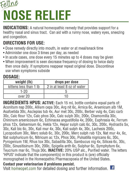 HomeoPet Feline Nose Relief, Natural Nasal and Sinus Medicine for Cats, Pet Medicine, 15 Milliliters HomeoPet