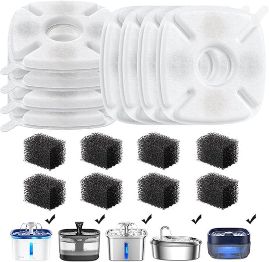 Veken Cat Water Fountain Filter, Classic 8 Pack Replacement Filters & 8 Pack Replacement Pre-Filter Sponges for 67oz, 95oz, 135oz Automatic Pet Fountain Dog Water Dispenser - PAWPICO