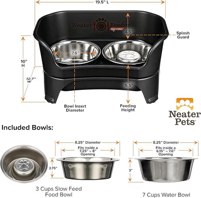 Neater Feeder - Express Model w/ Slow Feed Bowl - Mess-Proof Dog Bowls (M/L, Black) Made in USA – Elevated, No Spill, Non-Tip, Non-Slip, Raised Stainless Steel Food/Water Pet Bowls Aid Digestion - PAWPICO