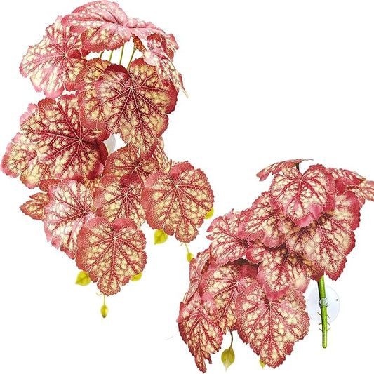 Woyrise Reptile Plants, Terrarium Hanging Plants Vines for Reptile Tank, Amphibian Habitat Leaves Decor with Suction Cup for Bearded Dragon Lizard Snake Gecko Frog Hermit Crab - 2Pcs Pink Heuchera Woyrise