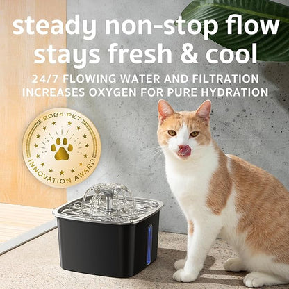 Veken Innovation Award Winner Stainless Steel Cat Water Fountain, 95oz/2.8L Automatic Pet Fountain Dog Water Dispenser with Replacement Filters & Silicone Mat for Cats, Dogs (Space Black) - PAWPICO
