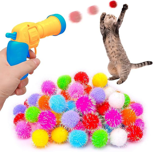 BooTaa Pet Toys, Interactive Cat Toy Set, 80pcs Glitter Pom-Poms Cat Ball Toy with 1 Launcher, Safe Soft Cat Toy Balls for Fetch, Training, Playing - PAWPICO