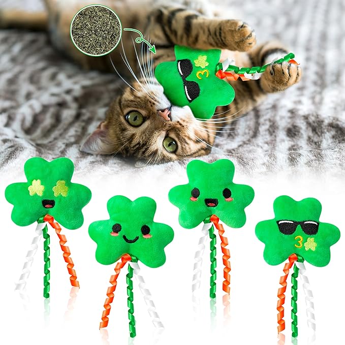 MALLMALL6 4Pcs Shamrocks Catnip Toys Gift for Cat, Indoor Cat Bite Kick Plush Catmint Pet Toys Supplies for Kitten Lover Gifts, Cute Teething Chew Relief Interactive Toy - PAWPICO