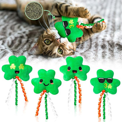 MALLMALL6 4Pcs Shamrocks Catnip Toys Gift for Cat, Indoor Cat Bite Kick Plush Catmint Pet Toys Supplies for Kitten Lover Gifts, Cute Teething Chew Relief Interactive Toy - PAWPICO