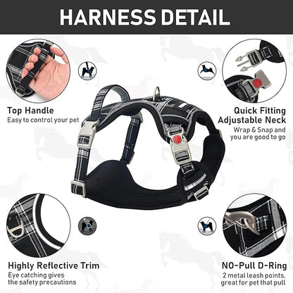 GAMUDA Dog Harness Collar and Leash Set, Horse Care Sheets, No Chock No Pull Adjustable Vest Harnesses Plaid Reflective for Medium Dog, Cat, Small Horse, Small Bull and Pig (Black, XS) GAMUDACollarsCollection
