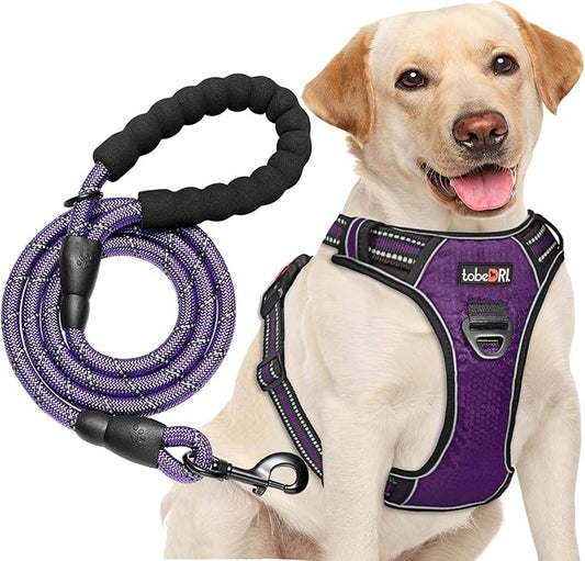 No Pull Dog Harness Adjustable Reflective Oxford Easy Control Medium Large Dog Harness with A Free Heavy Duty 5ft Dog Leash (M (Neck: 14.5"-20.5", Chest: 22"-28"), Purple Harness+Leash) tobeDRI