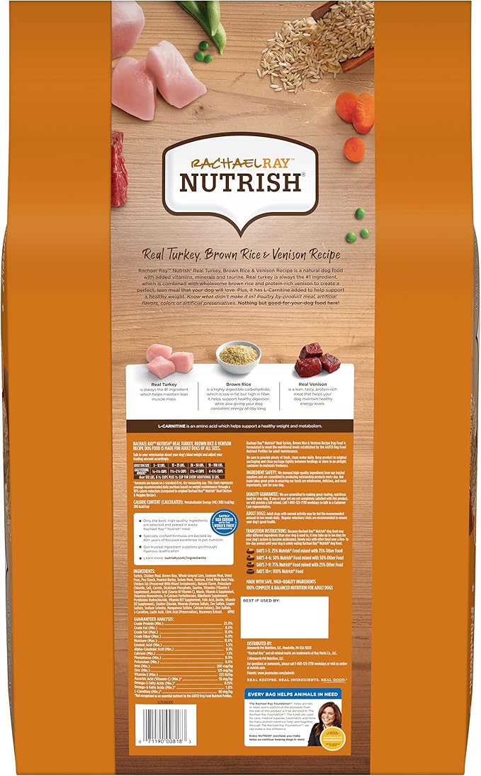 Rachael Ray Nutrish Dry Dog Food, Turkey, Brown Rice & Venison Recipe for Weight Management, 26 Pounds - PAWPICO