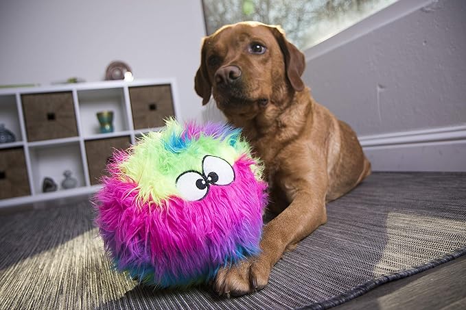 goDog Furballz Squeaky Plush Ball Dog Toy, Chew Guard Technology - Rainbow, Large - PAWPICO