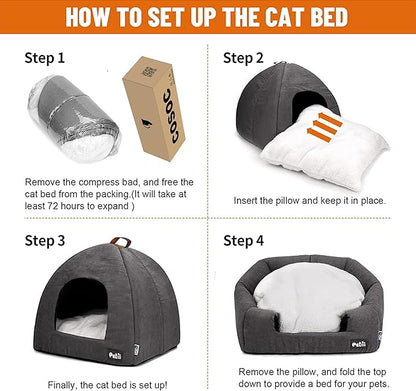 Cat Bed for Indoor Cats -Premium Pet Beds for Cats and Small Dogs, Cat Bed Cave, Comfortable Covered Cat Bed, Cat Tent, Kitten Bed, Small Animal Bed and Cat Hut with Cushioned Pillow (Medium, Grey) - PAWPICO