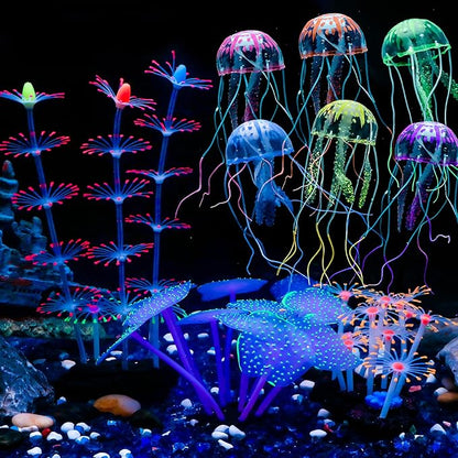 Uniclife 4 Pack Fish Tank Decorations Glowing Effect Aquarium Décor Small Silicone Artificial Jellyfish Coral Plant Ornament UnicLife