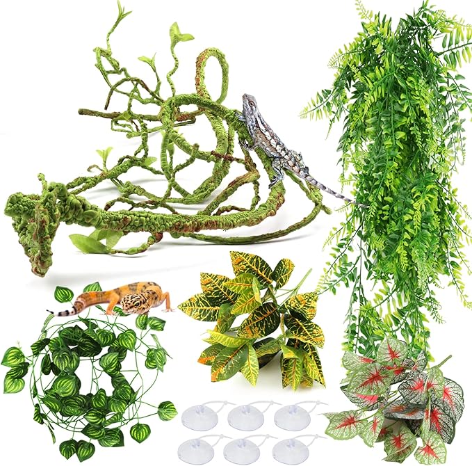 Reptile Plants, Terrarium Hanging Plant Vines Artificial Leaves Reptile Hide, Leopard Gecko Tank Accessories, Terrarium Decorations for Bearded Dragon Lizard Snake Geckos Chameleon PAWPICO