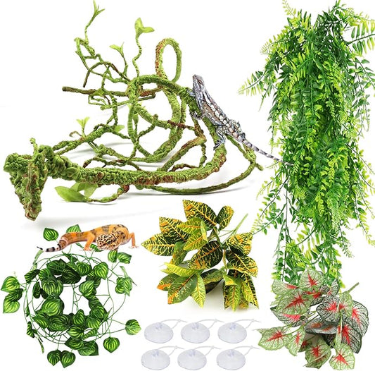 Reptile Plants, Terrarium Hanging Plant Vines Artificial Leaves Reptile Hide, Leopard Gecko Tank Accessories, Terrarium Decorations for Bearded Dragon Lizard Snake Geckos Chameleon PAWPICO