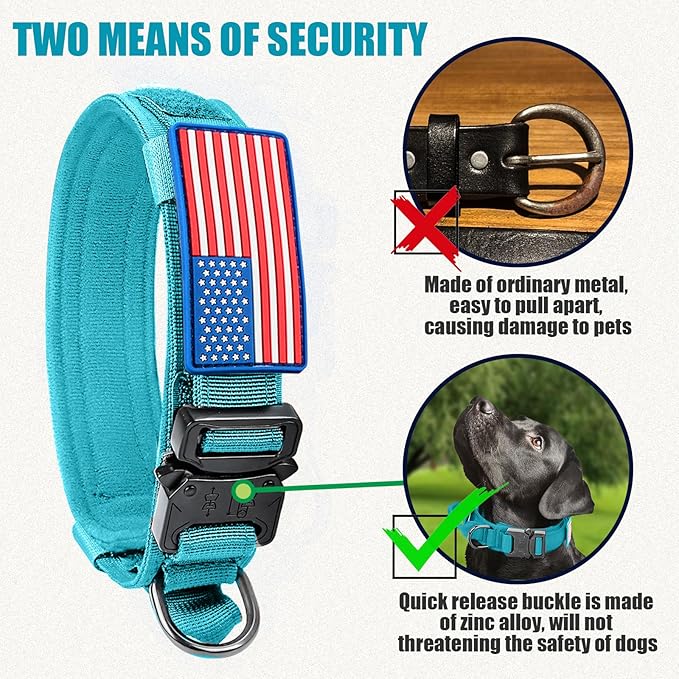 Tactical Dog Collar Military Dog Collar Adjustable Nylon Dog Collar Heavy Duty Metal Buckle with Handle for Dog Training,with Patches (Light Blue 1, L) Celifelight