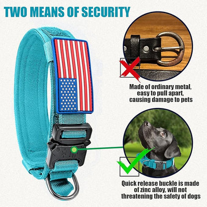 Tactical Dog Collar Military Dog Collar Adjustable Nylon Dog Collar Heavy Duty Metal Buckle with Handle for Dog Training,with Patches (Light Blue 1, L) Celifelight