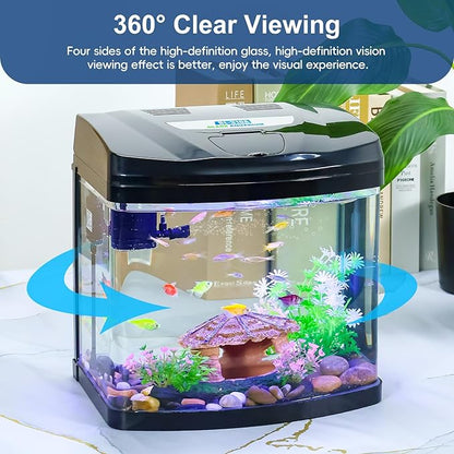 3 Gallon Glass Aquarium Starter Kit with Flip-Top Feeding Port for Betta Fish: Crystal Clear 360° Viewing, Eco-Cycle Filtration, Air Pump, and LED Lighting Bluecoco