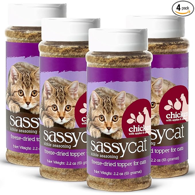 Herbsmith Sassy Cat Kibble Seasoning – Freeze Dried Chicken – Cat Food Topper for Picky Eaters – Chicken, Apples, and Spinach [Bundle x4] - PAWPICO